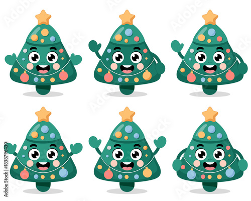 Collection of six cheerful kawaii Christmas tree characters smiling happily and waving, perfect vector graphic resource illustrations for festive seasonal design projects, winter holiday advertising,