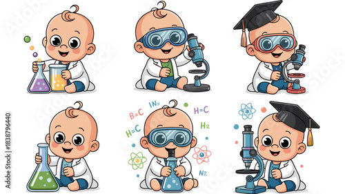 Adorable cartoon baby scientist characters conducting chemistry experiments, biology research, and learning STEM concepts using laboratory equipment like microscopes, flasks, and safety goggles, illus
