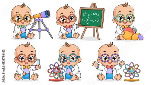 Cute baby scientist cartoon character set vector illustration, wearing glasses and lab coat, observing stars with telescope, learning complex math formulas on chalkboard, conducting chemistry experime
