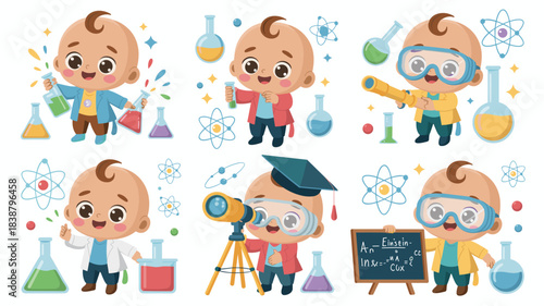 Six cheerful, cute baby scientist cartoon vector illustrations detailing toddlers engaging in chemistry experiments, physics research, and astronomy learning using beakers, telescopes, and formulas, e