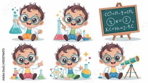 Adorable baby genius cartoon vector illustration set featuring a curious toddler scientist in a lab coat and glasses conducting chemical experiments, physics discovery, and astronomical observation, p