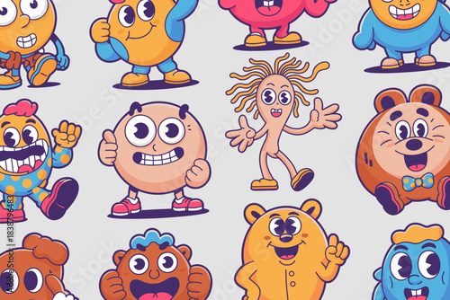 Groovy retro cartoon character set, featuring various colorful happy monsters and funny animal mascots in playful poses, giving thumbs up and smiling widely, perfect for kids’ entertainment, digital m