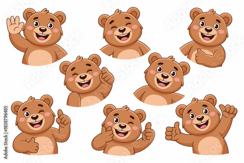 Cute brown bear mascot character bundle showing various positive emotions and hand gestures, including smiling, winking, waving, and giving the thumbs up signal for agreement, approval, or success; fr