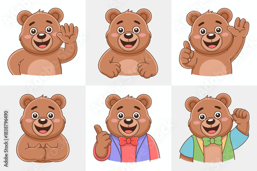 Adorable brown teddy bear cartoon mascot vector illustration set featuring six different happy friendly emotions and enthusiastic action poses like waving and giving a thumbs up, useful for kids educa