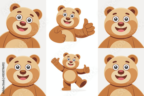 Adorable cartoon teddy bear mascot vector illustration set, featuring multiple cheerful portraits and playful poses including the universal thumbs up sign, symbolizing approval, recommendation, positi