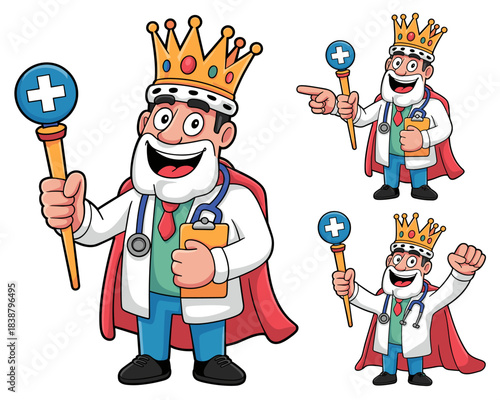 Confident male physician character wearing a royal crown and cape, the king of medicine, representing expert healthcare authority and leadership success, a cheerful primary care doctor mascot illustra