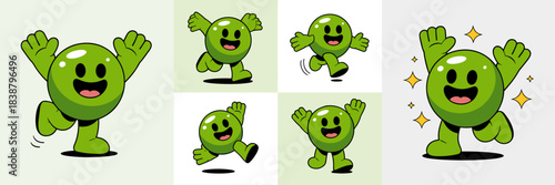 Cheery green pea mascot character set displaying vitality and success; dynamic poses including joyful running, leaping, and celebrating with happy expressions and raised arms; simple, modern vector ca