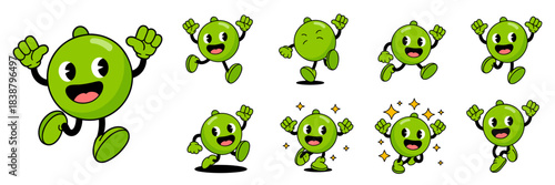 Dynamic green lime or pea mascot character bundle cheering and running in a retro rubber hose cartoon style set. Energetic, expressive, and cheerful collection of stickers for modern advertising, bran