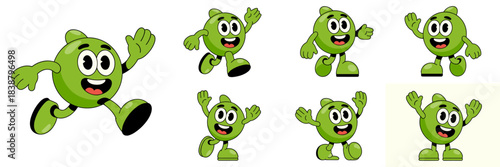 Dynamic green cartoon mascot character set illustrating running, jumping, and friendly waving in multiple cheerful action poses; a stylized vector illustration pack utilizing retro 1930s rubber hose a