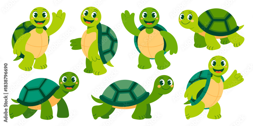 Naklejka premium A collection of cute, friendly cartoon turtles set, standing, walking, and waving, offering a cheerful thumbs-up gesture, bright green tortoise vector illustration graphics for children's education, n