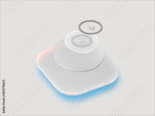 Minimalist 3D download icon with layered translucent glass discs, soft glow effects, and modern white interface design on a neutral background — elegant futuristic UI element illustration