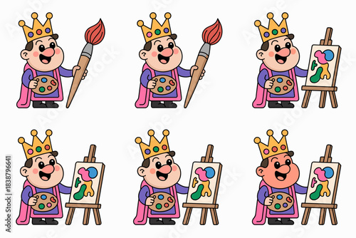 Majestic royal cartoon king character enthusiastically practicing fine art, holding a wooden painter's palette and big brush, or standing beside an easel with an abstract colorful painting illustratio