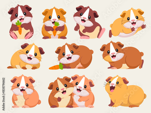 Adorable cartoon guinea pigs and hamsters vector collection set featuring different actions like jumping, running, sitting, and happily eating carrots, perfect for children's education, pet store mark