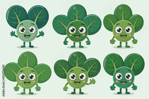 Cheerful kawaii spinach and kale leaf vegetable sprouts mascot characters standing, illustrating concepts of healthy eating, organic fresh food, and essential nutrition for educational design, childre