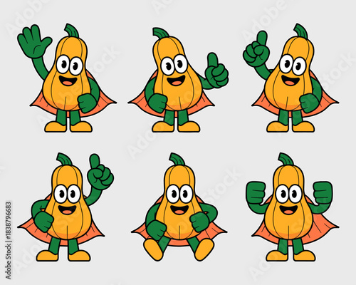 Cheerful butternut squash gourd superhero mascot character set bundle performing six different positive actions and friendly gestures, detailed vector illustration perfect for healthy fall or Thanksgi