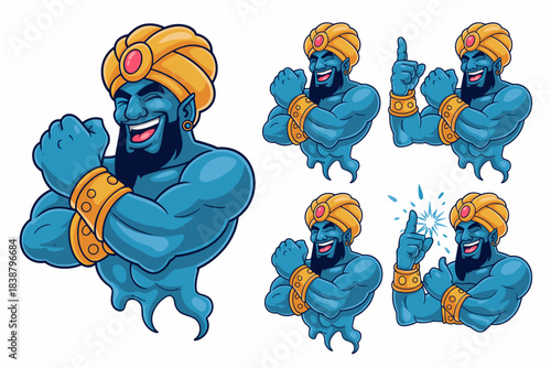 Muscular blue genie cartoon vector illustration set featuring a triumphant bearded Jinn character laughing loudly with different expressive poses, including a powerful arms-crossed stance and a dynami