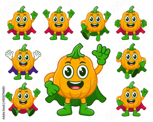 Cheerful orange pumpkin character superhero mascot design vector illustration set with green cape and boots, displaying happy poses for Thanksgiving, fall, autumn, seasonal graphic resources, branding