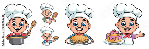 Cheerful cartoon chef boy mascot character illustration set happily presenting various baked goods including pie, pancakes, and a layered birthday cake, perfect vector art for culinary branding, kitch
