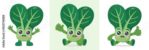 Cute bok choy vegetable cartoon mascot character illustration set showing friendly poses like smiling, waving hands, and giving a happy thumbs-up gesture, perfect for children's healthy food education