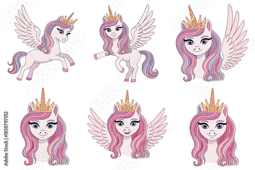 Adorable magical flying unicorn and pegasus princess alicorn vector illustrations with shimmering gold crowns and long pastel pink purple hair, a set of six cute cartoon characters ideal for children'