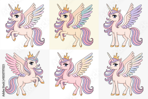 Adorable cartoon Alicorn vector illustrations featuring magical winged princess unicorns wearing golden crowns, showcasing flowing pastel pink and purple manes, a comprehensive collection of whimsical