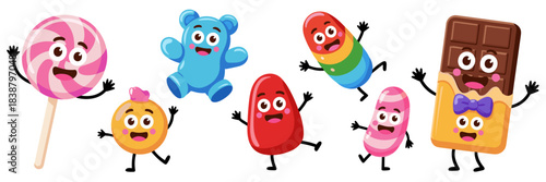 A lively collection of cute and colorful cartoon candy characters and sweets mascots, including happy lollipop, gummy bear, and chocolate bar treats, jumping and waving in a fun vector illustration su