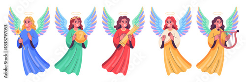 Five cheerful female angels ensemble vector graphic set, with vibrant pastel wings, halos, and colorful robes, holding sacred objects like a lyre, scroll, orb, and staff, ideal for religious iconograp