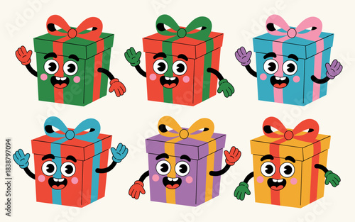 Six vibrant, colorful retro cartoon anthropomorphic gift boxes and present characters happily waving, greeting, and celebrating in a fun vector illustration pattern, ideal for cheerful holiday marketi