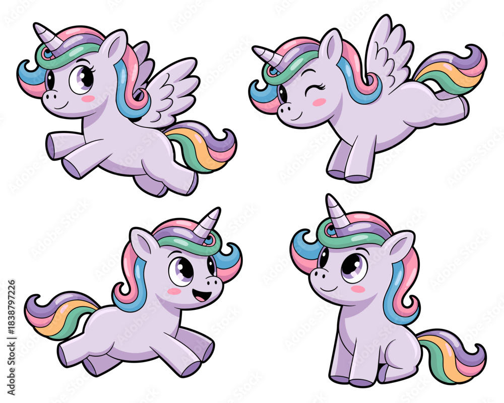 Fototapeta premium Sweet collection of four cartoon baby unicorn and winged pegasus characters in various action poses, happy and playful with spiral horns and colorful pastel rainbow manes and tails, cute vector illust