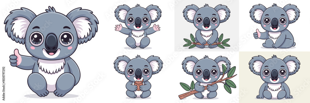 Fototapeta premium Cute koala bear mascot vector illustration set with various cheerful poses like smiling, waving, and giving thumbs up while sitting, holding eucalyptus branches, ideal graphic resource for children's