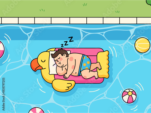 man sleeping on duck pool float relaxing summer cartoon vector
