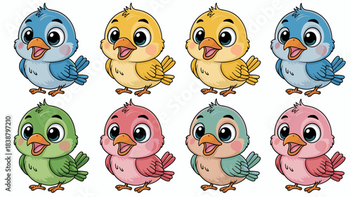 Adorable colorful cartoon baby birds and cheerful chicks collection standing together; cute spring animal characters for joyful kindergarten education, publishing, and friendly childhood design market