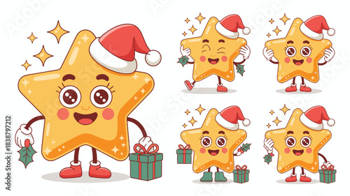 Cute cartoon yellow Christmas star character mascot set wearing a Santa hat, posing happily with holiday gifts and holly, perfect festive vector illustration for seasonal greeting cards, marketing, we
