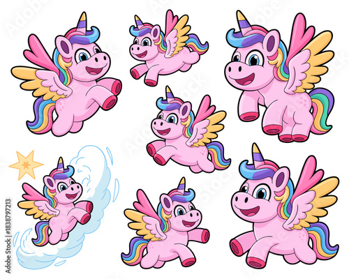 Adorable cartoon pink alicorn pegasus unicorn character collection flying and running joyfully, featuring vibrant rainbow mane and golden horn, ideal for children's marketing, education, playful brand