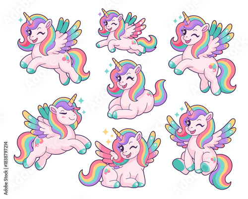 Cute rainbow unicorn pegasus vector illustration collection set featuring chibi magical fantasy characters flying, prancing, sitting, and winking with playful expressions; ideal graphic design element