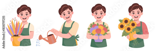 Happy young florist vector illustration set, showing a smiling small business owner or gardener tending colorful houseplants, watering, and presenting fresh flower bouquets of roses and sunflowers; id