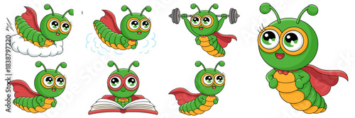 Adorable cartoon superhero caterpillar character vector illustration set showing strength, education, and ambition, reading a book, flying on a cloud, and lifting barbells, perfect for children's moti