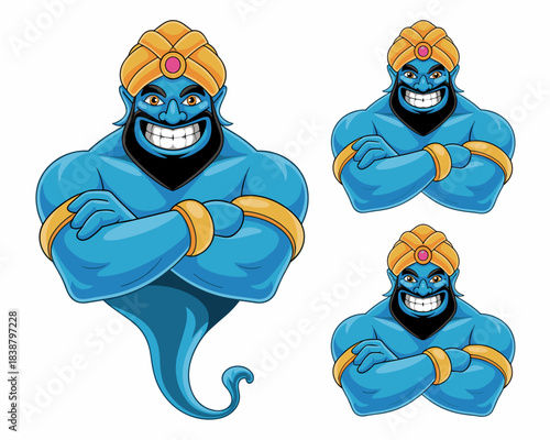 Confident muscular blue genie or djinn mascot character illustration, a mythical fantasy creature with a menacing grin and arms crossed, wearing an ornate golden turban, symbolizing magic, power, wish