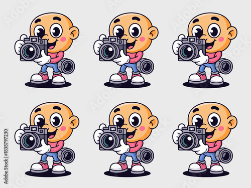 Cheerful cartoon photographer mascot character holding a professional DSLR camera and spare lens, a cute vector illustration drawing with bold outlines and bright colors, perfect graphic resource for