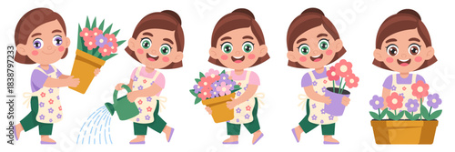 A cute little happy smiling girl is actively involved in springtime gardening hobbies, engaging in various leisure activities like watering plants and carrying potted flowers, depicting growth, child