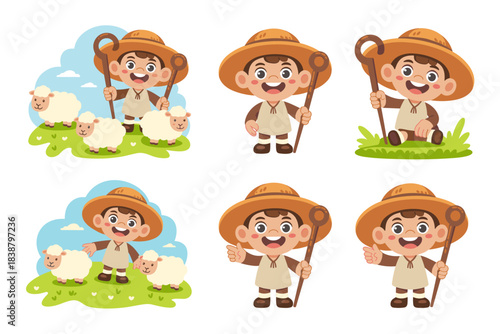Adorable cartoon vector illustration set of a cheerful young shepherd boy character tending his flock, holding a wooden crook staff, managing white sheep and lambs on a sunny green grassy field, great