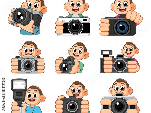 A cheerful cartoon man collection holding various modern digital photography equipment, including professional DSLR cameras, fixed lens models, and retro vintage styles, ideal vector illustration set