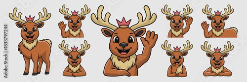 Cheerful cartoon royal reindeer character mascot set wearing a festive pink crown, happily waving and smiling in various friendly poses, an adorable vector illustration collection perfect for seasonal