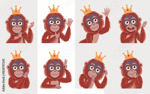 Adorable cartoon baby orangutan or jungle ape mascot king character sticker set wearing a royal golden crown, displaying various happy emotions, gestures, and fun poses like waving and thinking for so