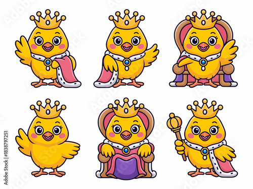 Cute cartoon yellow baby chick royal queen illustration set featuring various poses with gold crowns, scepter, and purple throne, depicting power and leadership authority, a funny graphic resource vec