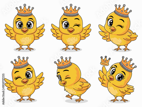Cute cartoon princess baby chicks vector collection isolated on white, six adorable little yellow poultry characters wearing golden crowns, posing with happy and winking expressions, perfect for Easte