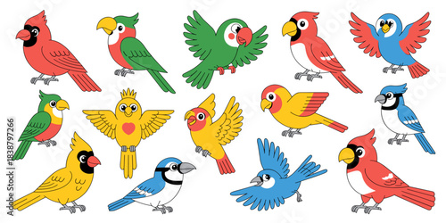 Adorable cartoon jungle and common songbirds vector illustration set featuring bright red cardinals, blue jays, green macaws, and yellow tropical fowl isolated elements for kids' education, wildlife p