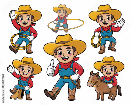 Adorable cartoon western rancher boy character collection waving and showing thumb up, holding a lariat or riding a friendly pony, ready for children's books and educational applications, cute vector