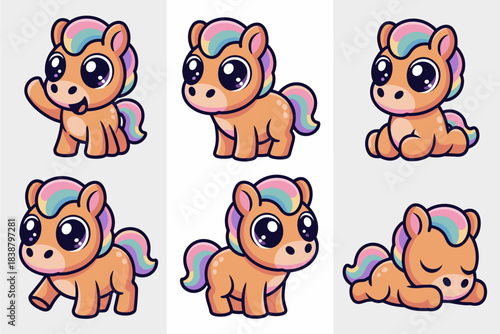 Adorable pony horse foal character design set vector graphic illustration showcasing six different cartoon poses like waving standing sitting and sleeping. Charming kawaii creature with vibrant colorf