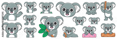 Adorable koala bear vector cartoon character collection displaying various poses including waving, peeking, and holding eucalyptus branches, designed in a cute flat style for nursery art, animal educa